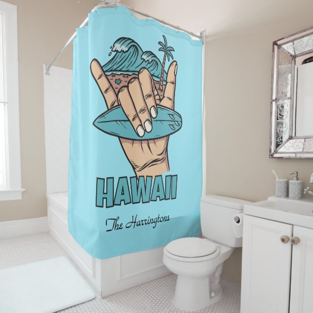 Custom Name & Location Surf Shaka Shower Curtain (In Situ)