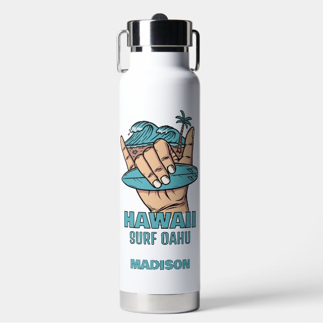 Custom Name & Location Surf Shaka Water Bottle (Front)