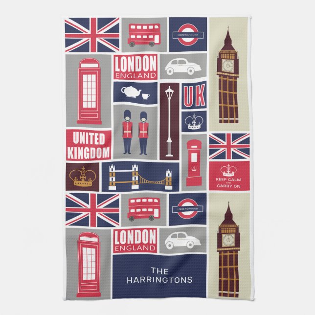 Custom Name London UK Icons Tea Towel (Vertical)