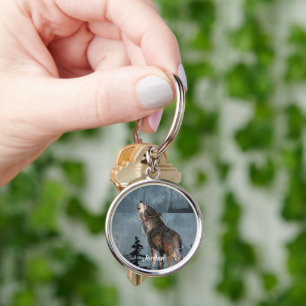 Custom Name Lone Wolf Howling Watercolor Key Ring