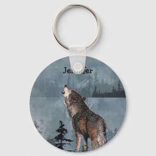 Custom Name Lonely Wolf Howling across Lake Key Ring
