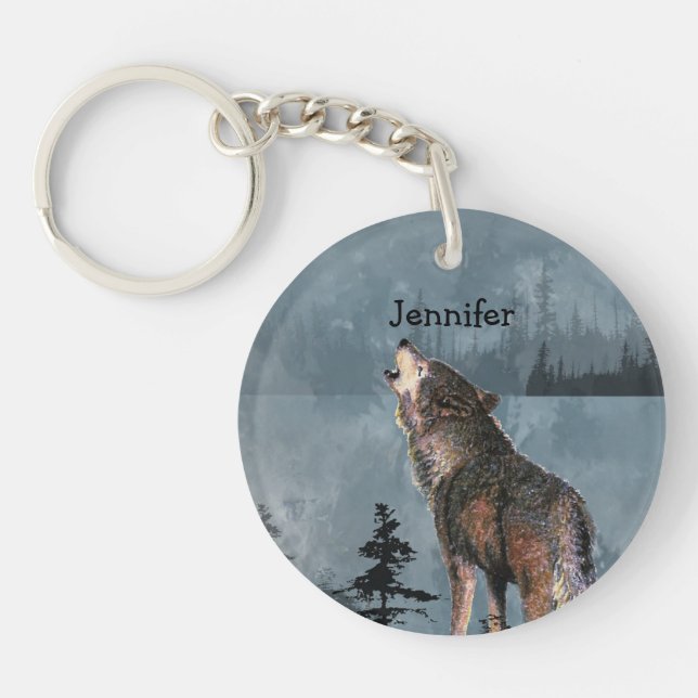 Custom Name Lonely Wolf Howling across Lake Keycha Key Ring (Front)