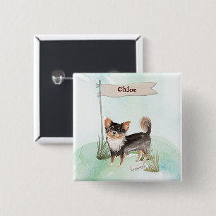 Custom Name Long Haired Chihuahua Pet Dog 15 Cm Square Badge