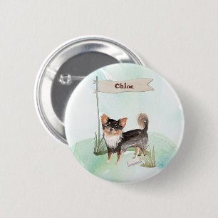 Custom Name Long Haired Chihuahua Pet Dog 6 Cm Round Badge