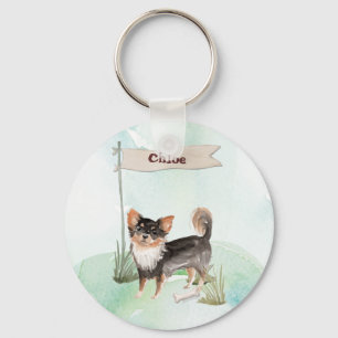 Custom Name Long Haired Chihuahua Pet Dog Key Ring