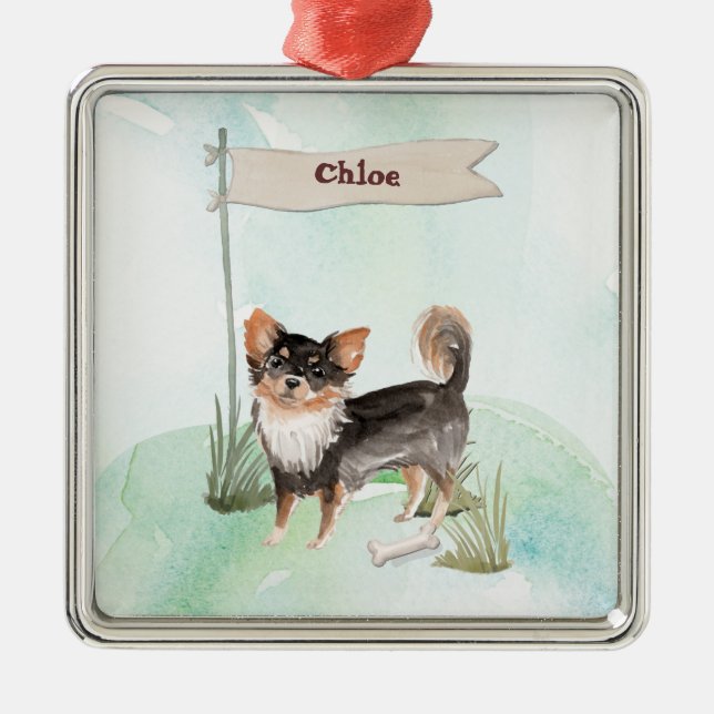 Custom Name Long Haired Chihuahua Pet Dog Metal Ornament (Front)