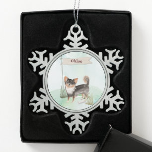 Custom Name Long Haired Chihuahua Pet Dog Snowflake Pewter Christmas Ornament