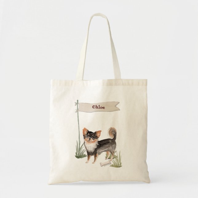 Custom Name Long Haired Chihuahua Pet Dog Tote Bag (Front)