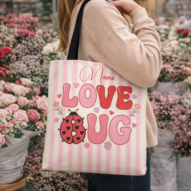 Custom Name Love Bug Valentine's Day Ladybug Pink Tote Bag (Creator Uploaded)