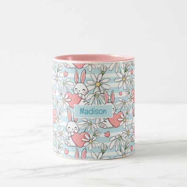 Custom Name Love Bunnies Pattern Two-Tone Coffee Mug (Center)