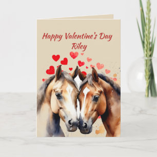 Custom Name Love Cute Horses Animal Hearts Holiday Card