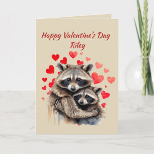 Custom Name Love Cute Raccoon Animal Hearts Holiday Card