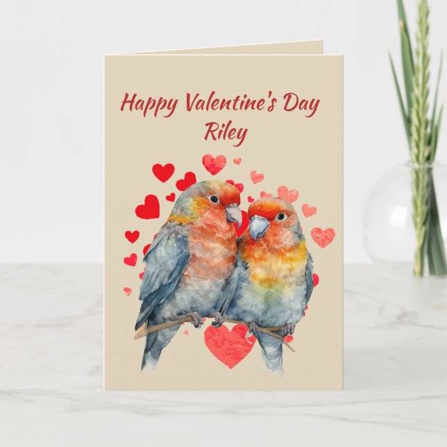 Custom Name Love Cute Tropical Parrots Hearts Holiday Card (Front)