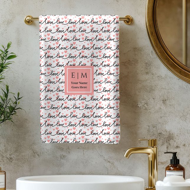Custom Name Love Text Bath Towel Valentine Gift (Personalized Valentine Bath Towel Pink Black Hearts)