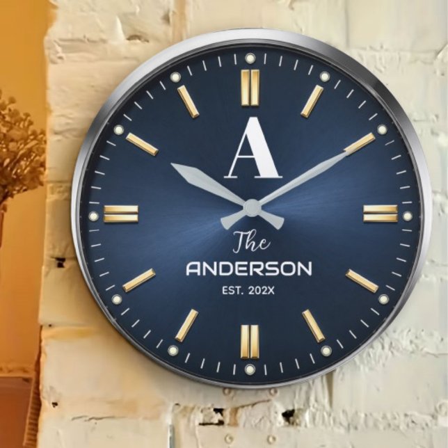  Custom name Luxury Blue Elegant Gold and Silver  Large Clock (Creator Uploaded)