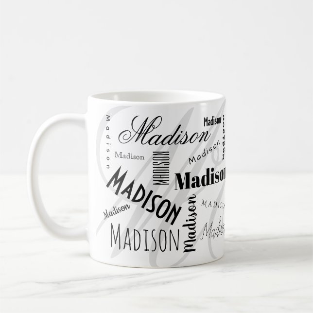 Custom Name Madison Black White Coffee Mug (Left)
