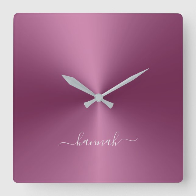 Custom Name Magenta Metallic Style Acrylic Square Wall Clock (Front)