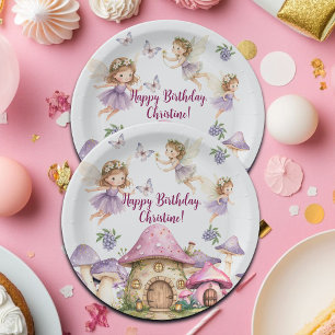 Custom Name Magic Fairies Pink Mushrooms Birthday Paper Plate