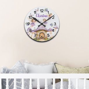 Custom Name Magic Fairies Purple Garden Round Clock