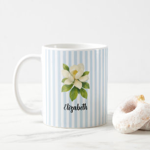 Custom Name Magnolia Painting Nautical Stripe  Coffee Mug