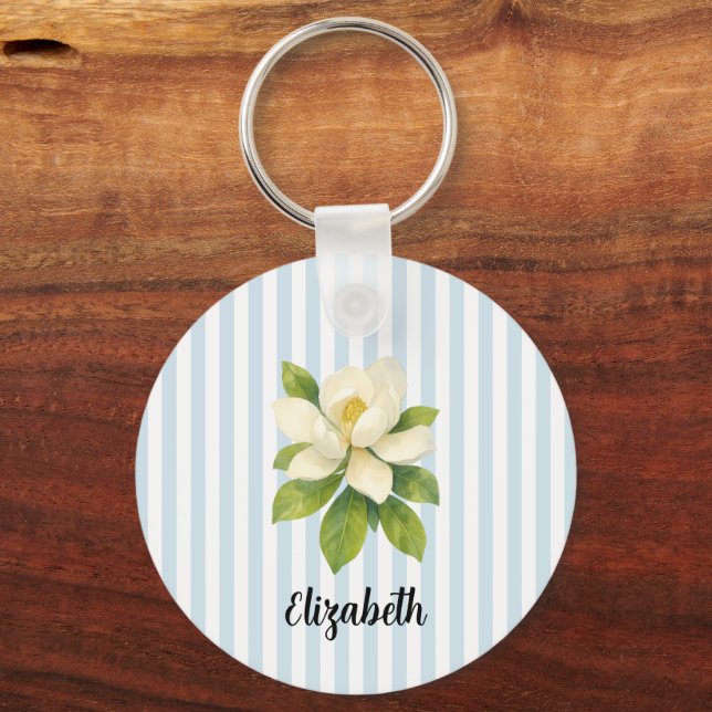 Custom Name Magnolia Painting Nautical Stripe  Key Ring (Front)