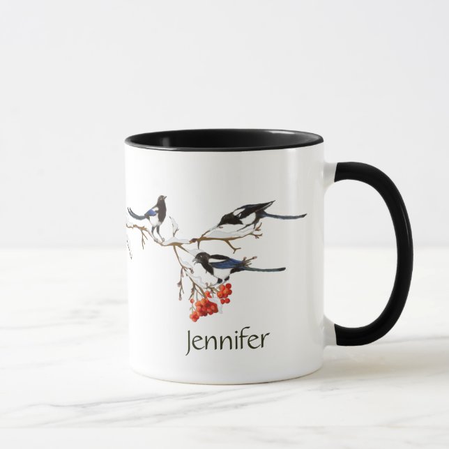 Custom Name Magpie Garden Bird Nature Art Mug (Right)