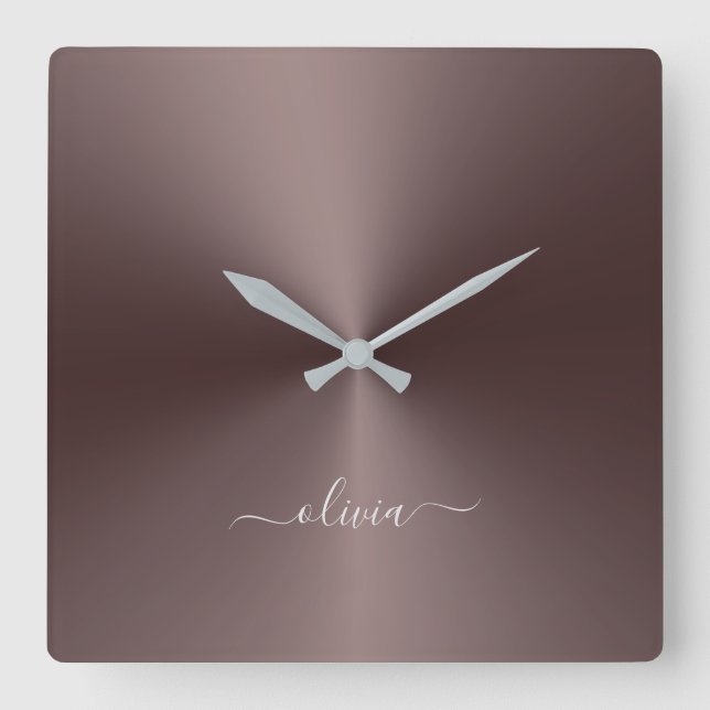 Custom Name Mahogany Metallic Style Acrylic Square Wall Clock (Front)