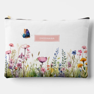 Custom Name Makeup Bag w Wildflowers & Butterfly