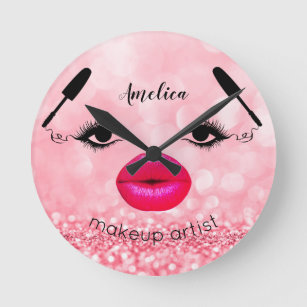 Custom Name Makeup Pink Lips Glitter Lash Brows Round Clock