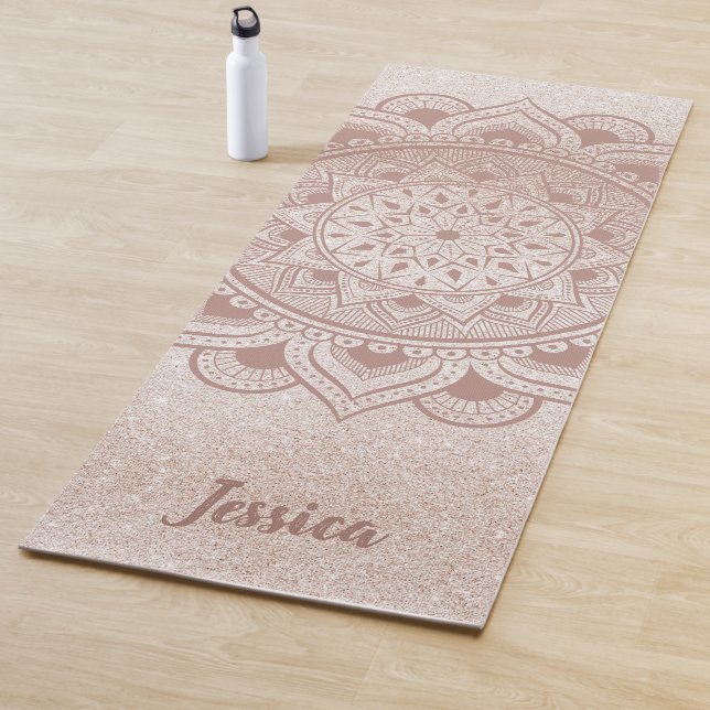 Custom Name Mandala Om Rose Gold Glitter Exercise Yoga Mat (In Situ)