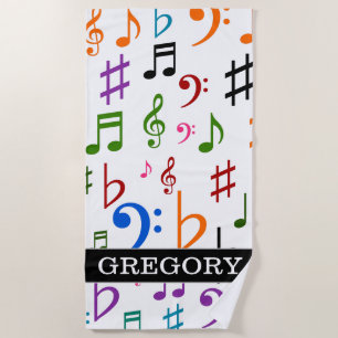 Custom Name; Many Colourful Music Notes and Beach Towel