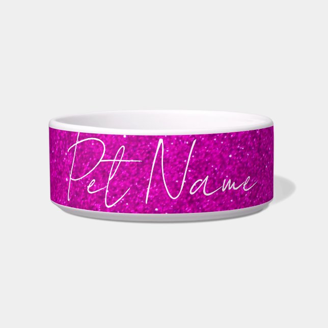 Custom name medium dog bowl with pink glitter (Front)