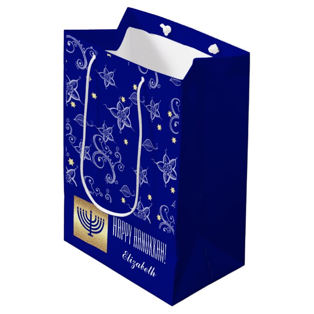 Custom Name Menorah Design Hanukkah Gift Bags (Front Angled)