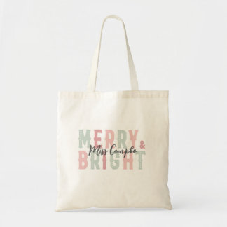 Custom Name Merry and Bright Tote for teacher Bag