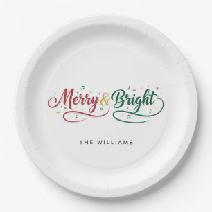 Custom Name Merry & Bright Script Minimalist Paper Plate