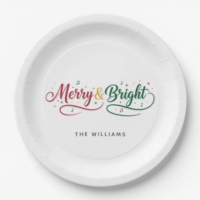 Custom Name Merry & Bright Script Minimalist  Paper Plate (Front)