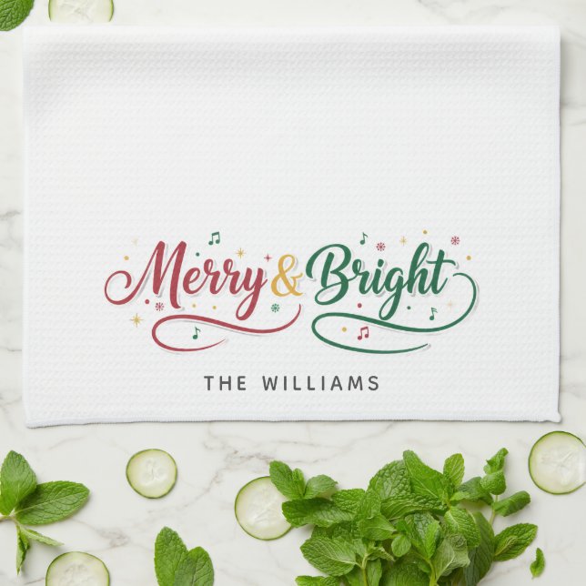 Custom Name Merry & Bright Script Minimalist  Tea Towel (Folded)