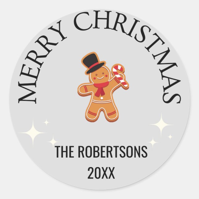 Custom name Merry Christmas gingerbread man grey Classic Round Sticker (Front)