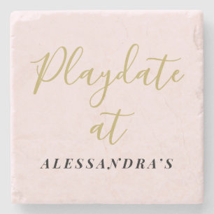 Custom Name Minimalist Funny Pastel Pink Gold Chic Stone Coaster