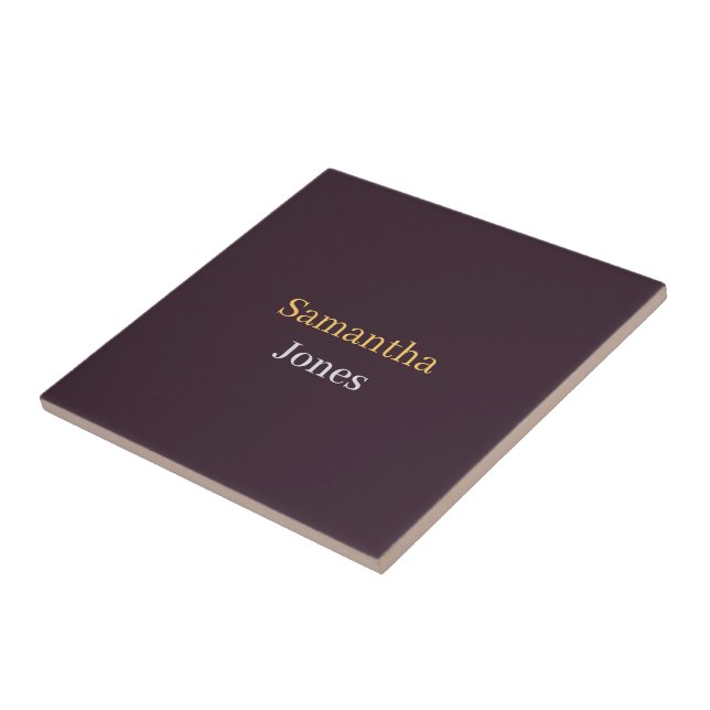 Custom name minimalist modern burgundy ceramic tile (Side)