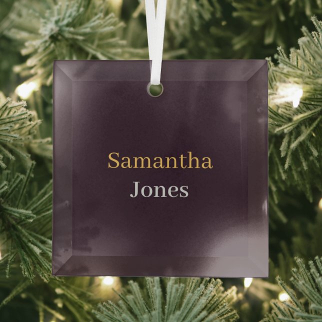 Custom name minimalist modern burgundy glass tree decoration (Insitu)