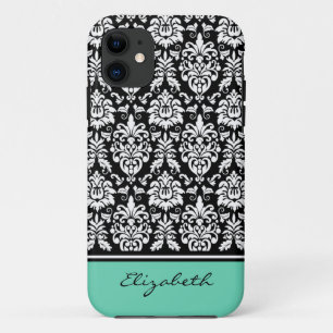 Custom Name Mint Black White Damask iPhone 11 Case