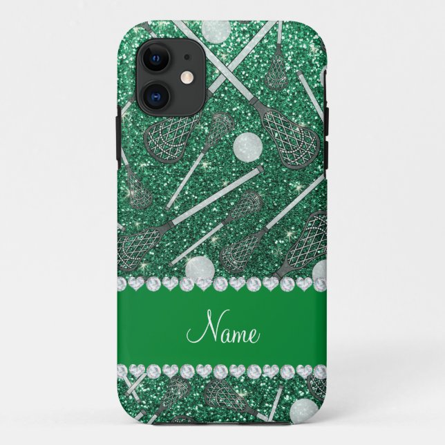 Custom name mint green glitter lacrosse sticks Case-Mate iPhone case (Back)