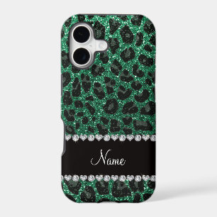 Custom name mint green glitter leopard print