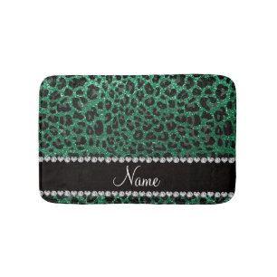 Custom name mint green glitter leopard print bath mat