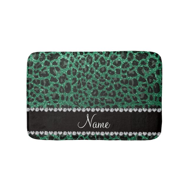 Custom name mint green glitter leopard print bath mat (Front)
