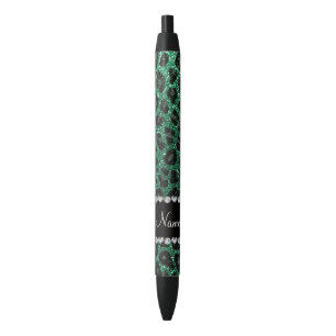 Custom name mint green glitter leopard print black ink pen