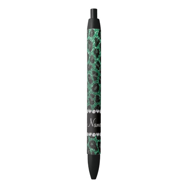 Custom name mint green glitter leopard print black ink pen (Front Vertical)