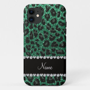 Custom name mint green glitter leopard print iPhone 11 case