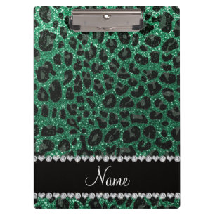 Custom name mint green glitter leopard print clipboard
